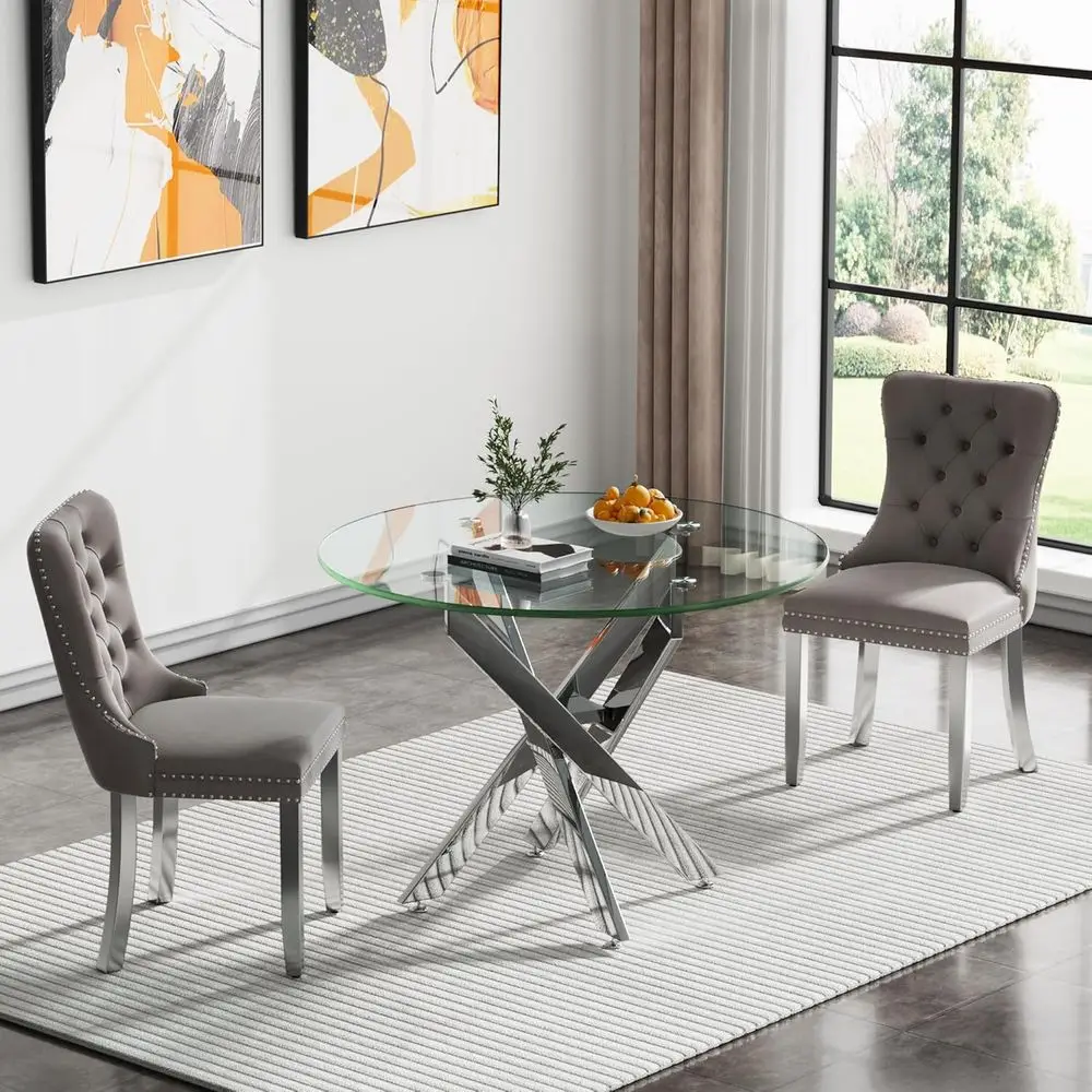 Round Glass Dining Set for 2, Small Kitchen Table Sets, 35 Glass Table with Grey Velvet Chairs, 3-Piece Dining Table Set for Bre
Round Glass Dining Set for 2, Small Kitchen Table Sets, 35 Glass Table with Grey Velvet Chairs, 3-Piece Dining Table Set for Bre