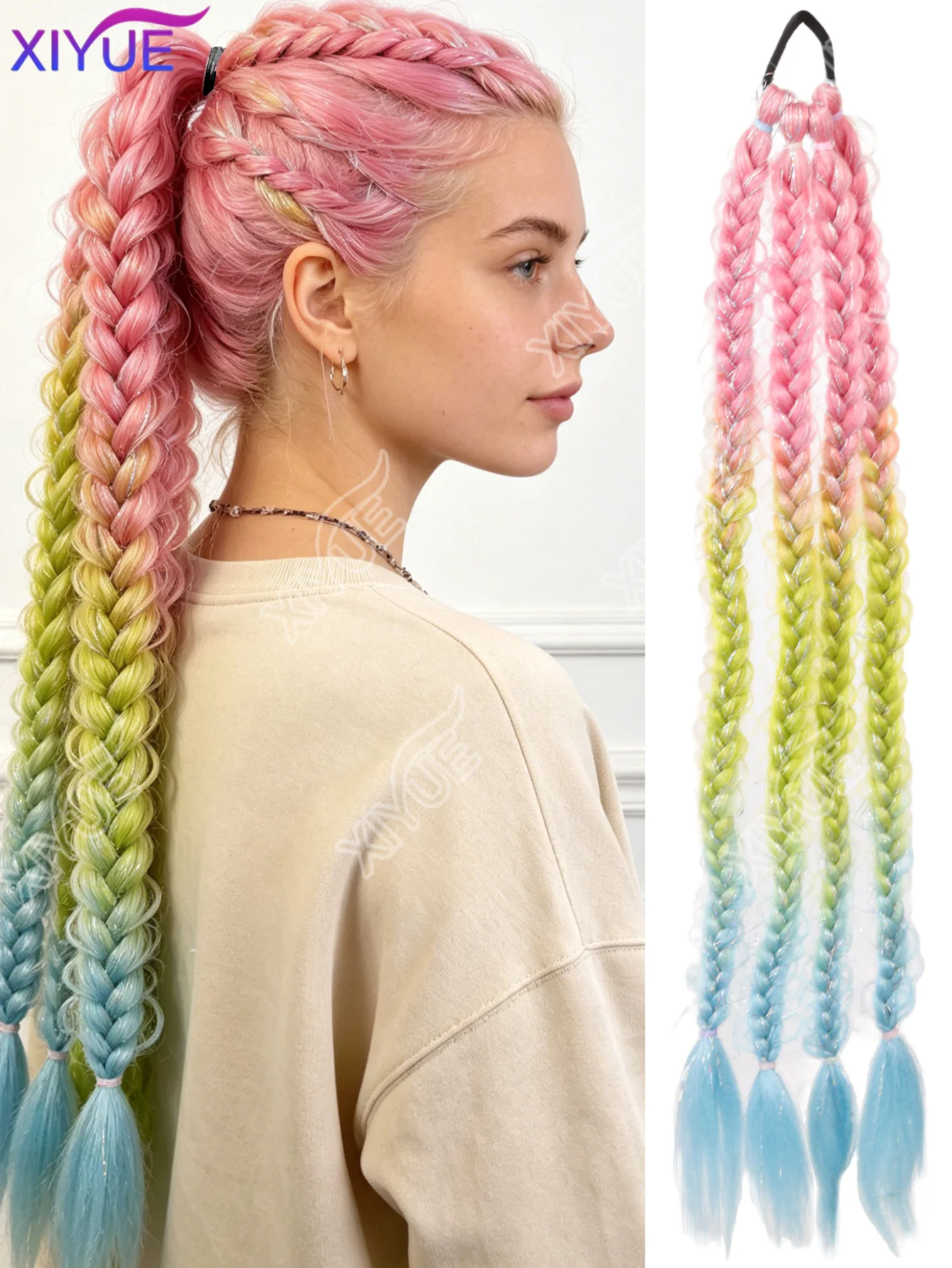 XIYUE 1PCS Synthetic Braided Ponytail Exytensions 24inch Pink Green Blue Braid Long Braided with Elastic Rubber Band for Women
XIYUE 1PCS Synthetic Braided Ponytail Exytensions 24inch Pink Green Blue Braid Long Braided with Elastic Rubber Band for Women