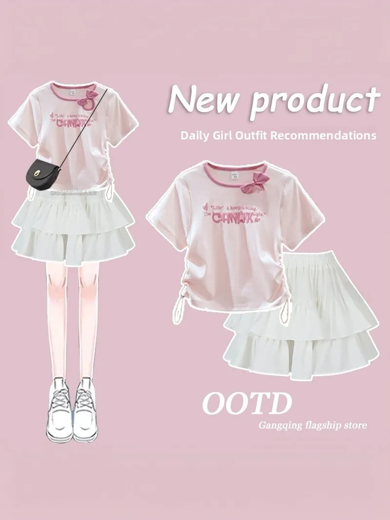 Cute Sweet Versatile Summer Short Sleeve Knot Top Cake Skirt Set Cotton round Neck Two-Piece Suit for Young Girls
Cute Sweet Versatile Summer Short Sleeve Knot Top Cake Skirt Set Cotton round Neck Two-Piece Suit for Young Girls