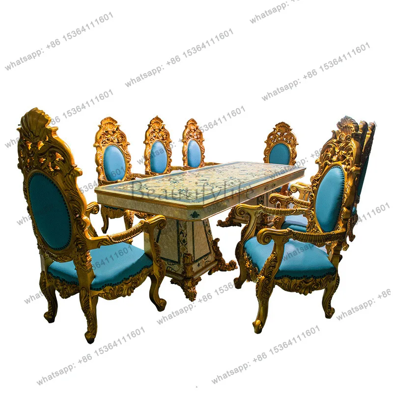 Veneer parquet shell inlaid dining table and chair combination French long dining table palace villa furniture
Veneer parquet shell inlaid dining table and chair combination French long dining table palace villa furniture