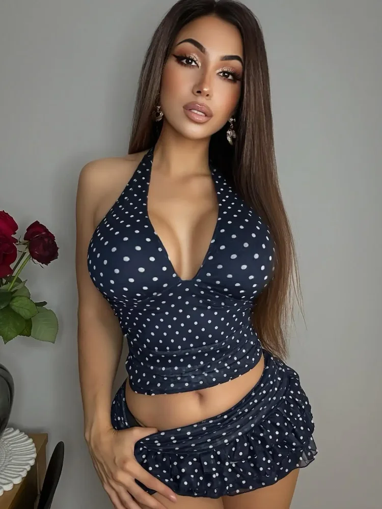 Vintage Sweet Polka Dot V-neck Halter Vest Set Women Sexy High Waist Ruffle Hem Mini Skirt Suit 2026 Summer Holiday Beach Outfit
Vintage Sweet Polka Dot V-neck Halter Vest Set Women Sexy High Waist Ruffle Hem Mini Skirt Suit 2026 Summer Holiday Beach Outfit