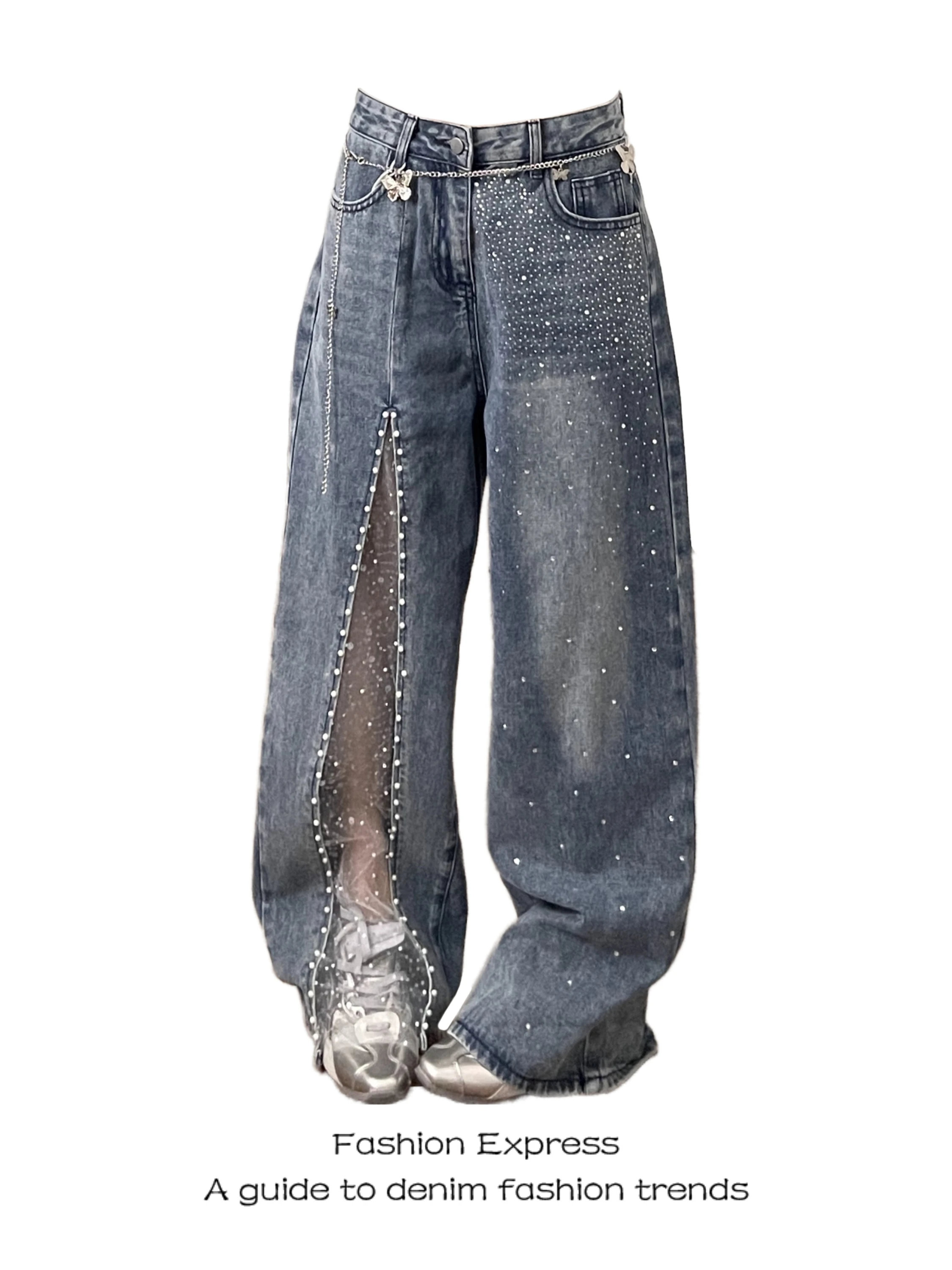 Seamless Diamond Pearl Lace Hollow out Design Wide Leg Jeans Women's High Waist Casual Style Four Seasons Wear Resistant
Seamless Diamond Pearl Lace Hollow out Design Wide Leg Jeans Women's High Waist Casual Style Four Seasons Wear Resistant