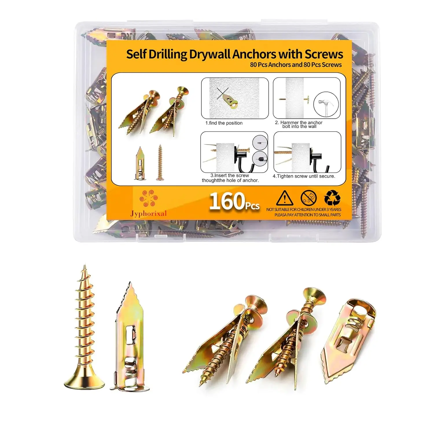 160 PCS Drywall Self Drilling Anchors with Screws Kit, 80 Anchors & 80 Screws, No Drilling Needed
160 PCS Drywall Self Drilling Anchors with Screws Kit, 80 Anchors & 80 Screws, No Drilling Needed