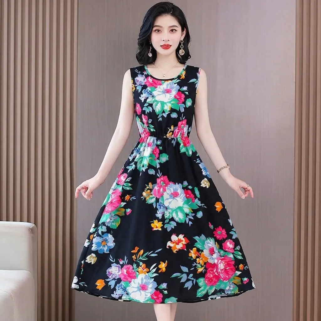 Elegant Floral Print Midi Dress Women's Summer Sleeveless round Neck Waist-Cinched Casual Polyester Fiber Standard Size Dress
Elegant Floral Print Midi Dress Women's Summer Sleeveless round Neck Waist-Cinched Casual Polyester Fiber Standard Size Dress