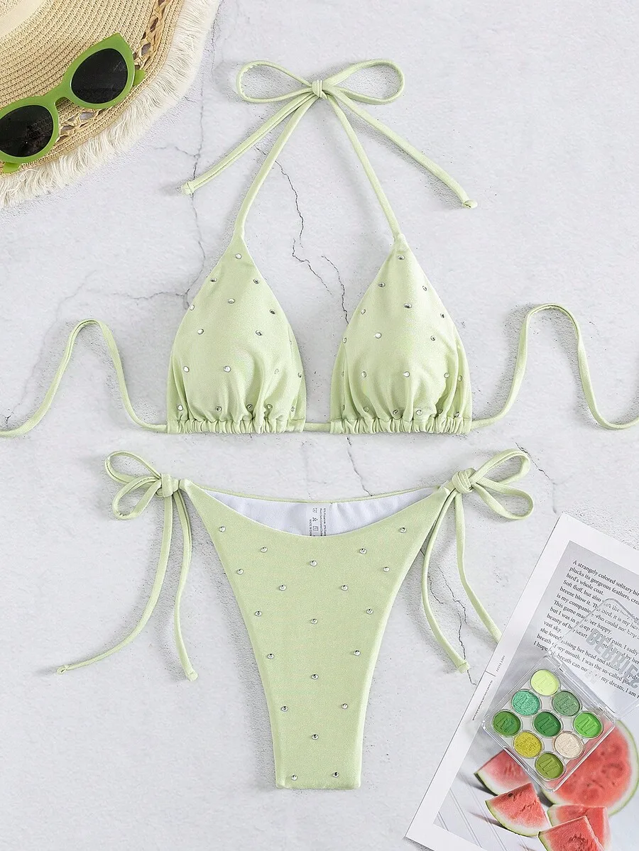Mint Green Rhinestone Halter Tie Side Bikini Set For Women Summer Beach Swimwear
Mint Green Rhinestone Halter Tie Side Bikini Set For Women Summer Beach Swimwear