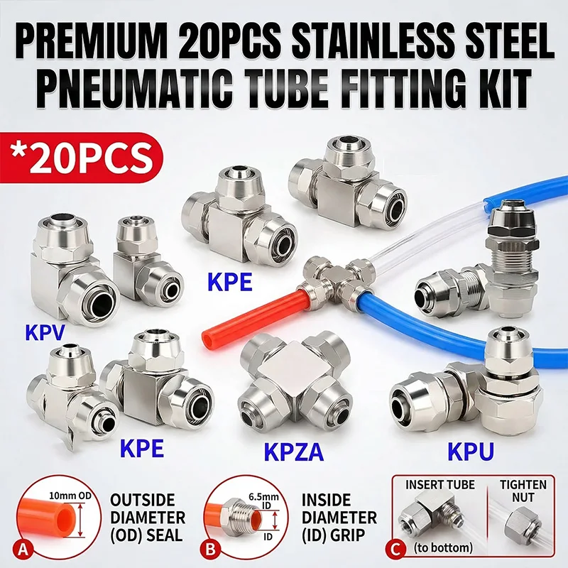 Pneumatic Push-In Fitting Set, Copper Nickel Plated Air Hose Connectors for 4mm–16mm Tube (KPU KPV KPE KPZA KPM)
Pneumatic Push-In Fitting Set, Copper Nickel Plated Air Hose Connectors for 4mm–16mm Tube (KPU KPV KPE KPZA KPM)