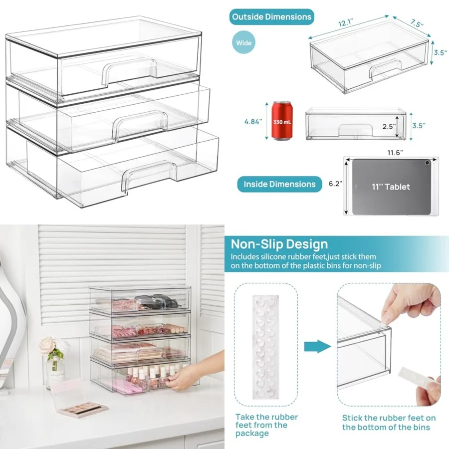 12.1''W Clear Stackable Storage Drawers, 3 Pack Acrylic Plastic Organizers Bins for Makeup Palettes, Cosmetics, and Beauty Supp
12.1''W Clear Stackable Storage Drawers, 3 Pack Acrylic Plastic Organizers Bins for Makeup Palettes, Cosmetics, and Beauty Supp