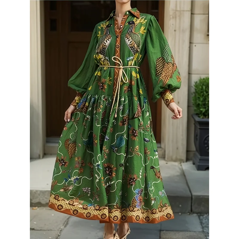 Women's Green Lapel Shirt Dress - Long Sleeve High Waist Maxi Dress Vintage Belted Pullover Sexy Comfortable Travel Outfit
Women's Green Lapel Shirt Dress - Long Sleeve High Waist Maxi Dress Vintage Belted Pullover Sexy Comfortable Travel Outfit