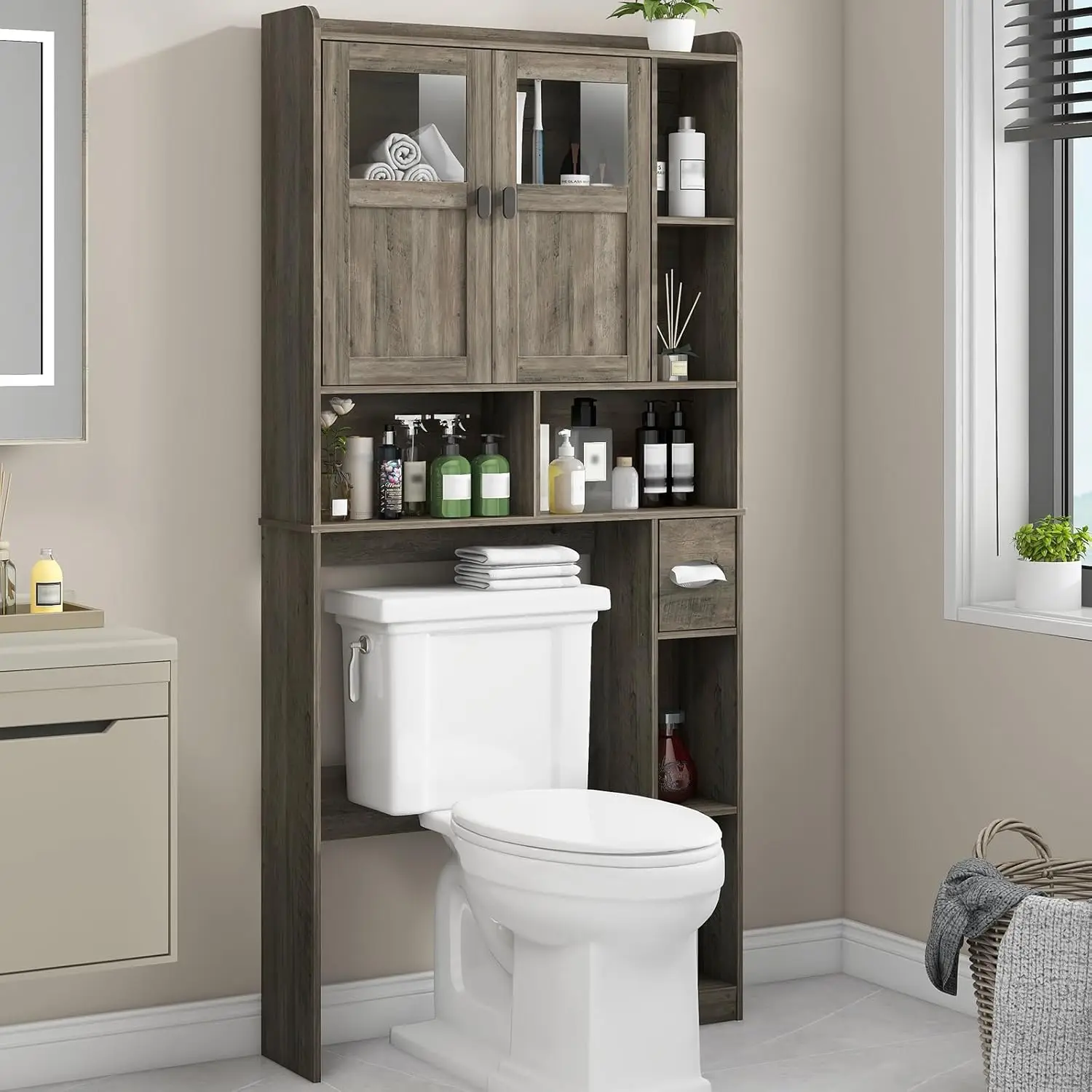 Over The Toilet Storage Cabinet, Bathroom Shelf Over Toilet with Glass Doors and Adjustable Shelves, Grey Freestanding Home S
Over The Toilet Storage Cabinet, Bathroom Shelf Over Toilet with Glass Doors and Adjustable Shelves, Grey Freestanding Home S