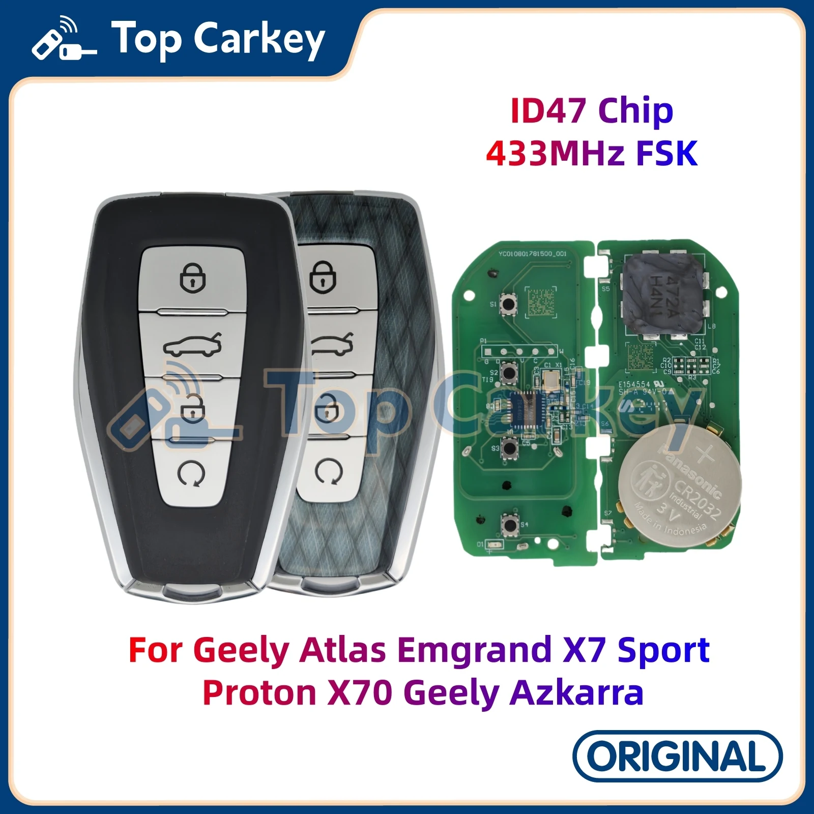 TopCarkey Original Smart Remote Key ID47 Chip 433MHz for Geely Atlas Emgrand X7 Sport Proton X70 Geely Azkarra
TopCarkey Original Smart Remote Key ID47 Chip 433MHz for Geely Atlas Emgrand X7 Sport Proton X70 Geely Azkarra