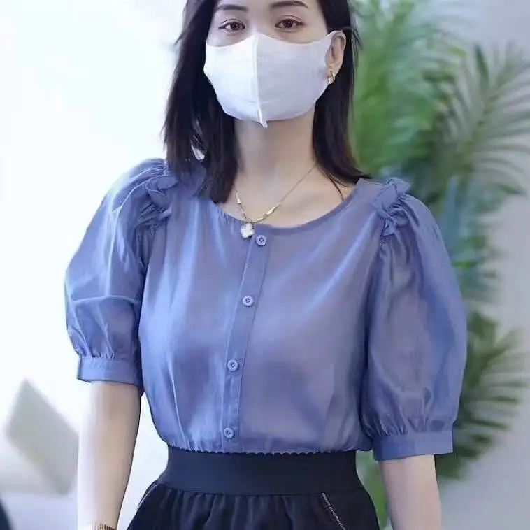 Elegant Short Sleeve Chiffon Top Women's Loose Summer Shirt Korean Style round Neck Bubble Sleeve Pure Color Tile Enzyme Spot
Elegant Short Sleeve Chiffon Top Women's Loose Summer Shirt Korean Style round Neck Bubble Sleeve Pure Color Tile Enzyme Spot
