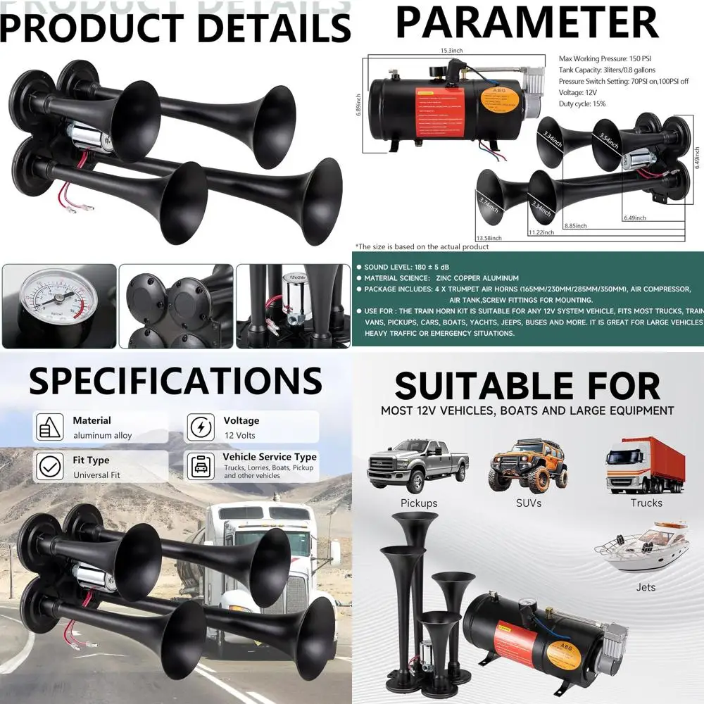 Train Horns Kit for Trucks 180dB Super Loud Truck Air Horn with 150 PSI 0.8 gallon 12V Air Compressor Air Tank Can for Truck Car
Train Horns Kit for Trucks 180dB Super Loud Truck Air Horn with 150 PSI 0.8 gallon 12V Air Compressor Air Tank Can for Truck Car