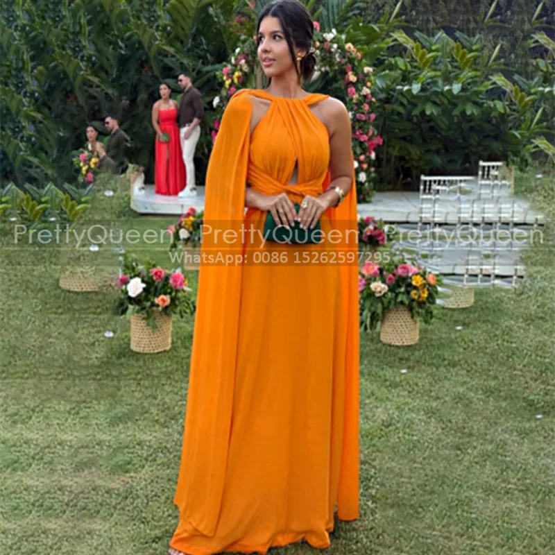 Orange Chiffon Long Bridesmaid Dresses A Line Cloak Cape Sleeves Customized Wedding Party Dress For Women
Orange Chiffon Long Bridesmaid Dresses A Line Cloak Cape Sleeves Customized Wedding Party Dress For Women