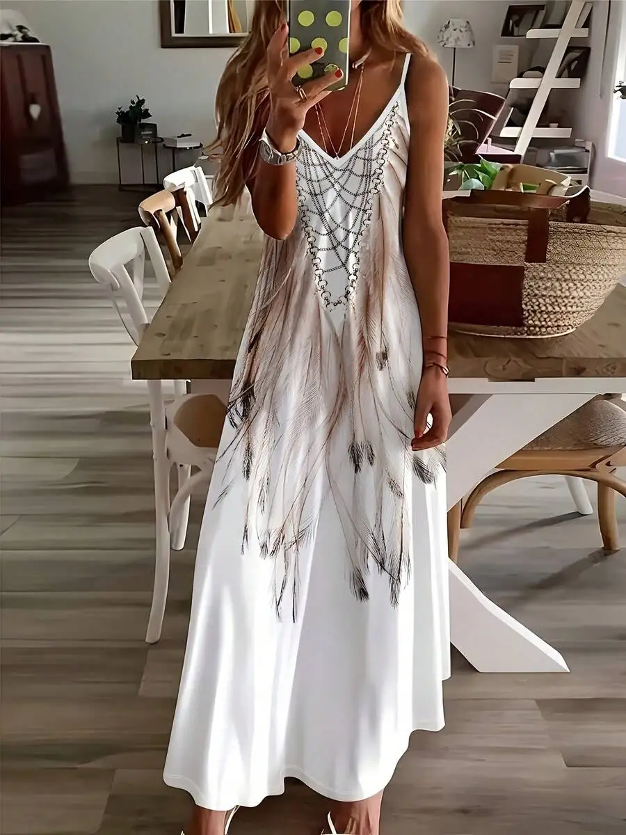 White Feather Print V-Neck Sleeveless Cami Maxi Dress For Summer Outdoor Wedding
White Feather Print V-Neck Sleeveless Cami Maxi Dress For Summer Outdoor Wedding