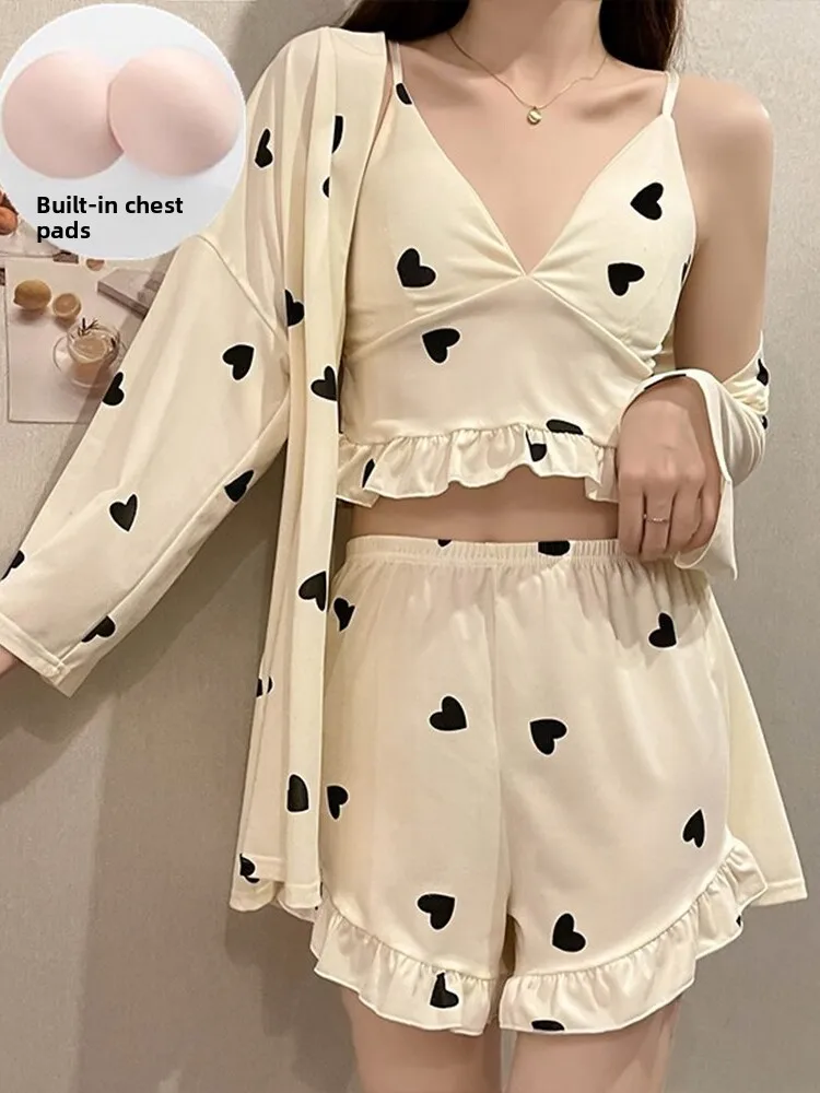 Summer Sexy Long Sleeve Women's Nightgown Set with Chest Pad Heart Print Chemise And Shorts Three Piece Sleepwear Ensemble
Summer Sexy Long Sleeve Women's Nightgown Set with Chest Pad Heart Print Chemise And Shorts Three Piece Sleepwear Ensemble