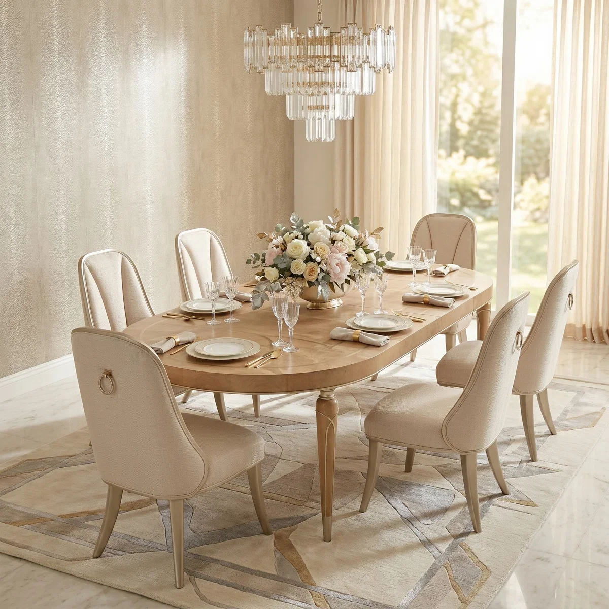 eu-Luxury French Style Oval Dining Table Set with 6 Upholstered Chairs, Modern Gold Frame Dining Furniture for Home Restaurant%
eu-Luxury French Style Oval Dining Table Set with 6 Upholstered Chairs, Modern Gold Frame Dining Furniture for Home Restaurant%