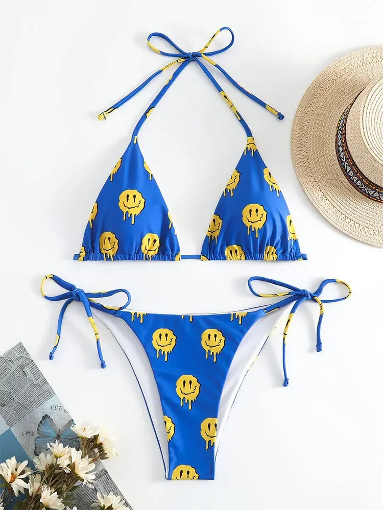 Smiling Face Printed Swimsuit Women Sexy 3-point Bikini Blue 2-piece Swimwear Low Waist Thong Susupender Backless Beachwear 2025
Smiling Face Printed Swimsuit Women Sexy 3-point Bikini Blue 2-piece Swimwear Low Waist Thong Susupender Backless Beachwear 2025