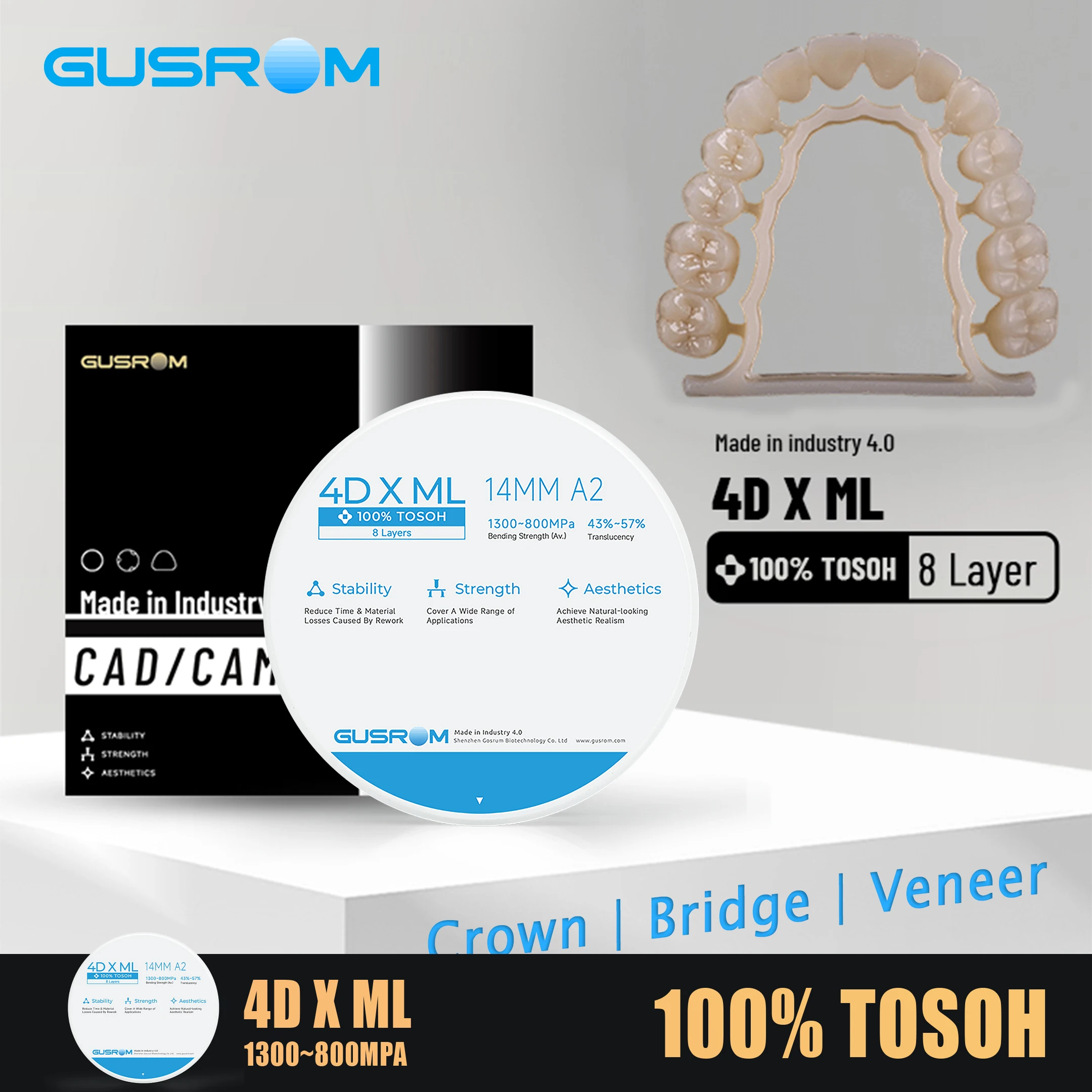 GUSROM 4D-XML 100% TOSOH Многослойный циркониевый блок 98 мм, 8 слоев, 1300 МПа, высокопрочный CAD/CAM дентальный диск для коронок и мостов A2A3
GUSROM 4D-XML 100% TOSOH Многослойный циркониевый блок 98 мм, 8 слоев, 1300 МПа, высокопрочный CAD/CAM дентальный диск для коронок и мостов A2A3