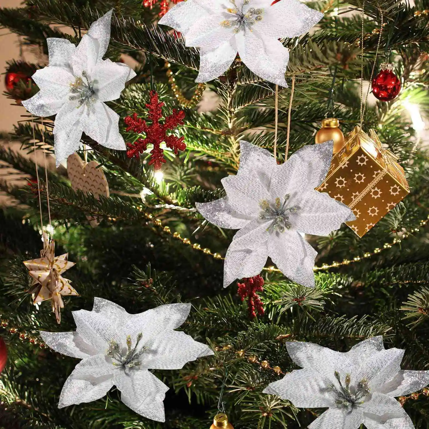 A32P_50 Pack Glitter Poinsettia Christmas Tree Ornaments Artificial Silk Flowers Picks Decor Wreath Garland Holiday (Silver)
A32P_50 Pack Glitter Poinsettia Christmas Tree Ornaments Artificial Silk Flowers Picks Decor Wreath Garland Holiday (Silver)