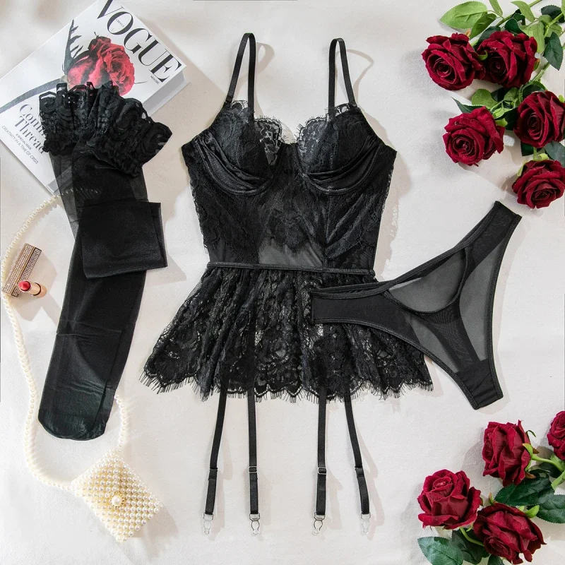 Bikini Sexy Lingerie Lace Three-Piece Set with Stockings
Bikini Sexy Lingerie Lace Three-Piece Set with Stockings