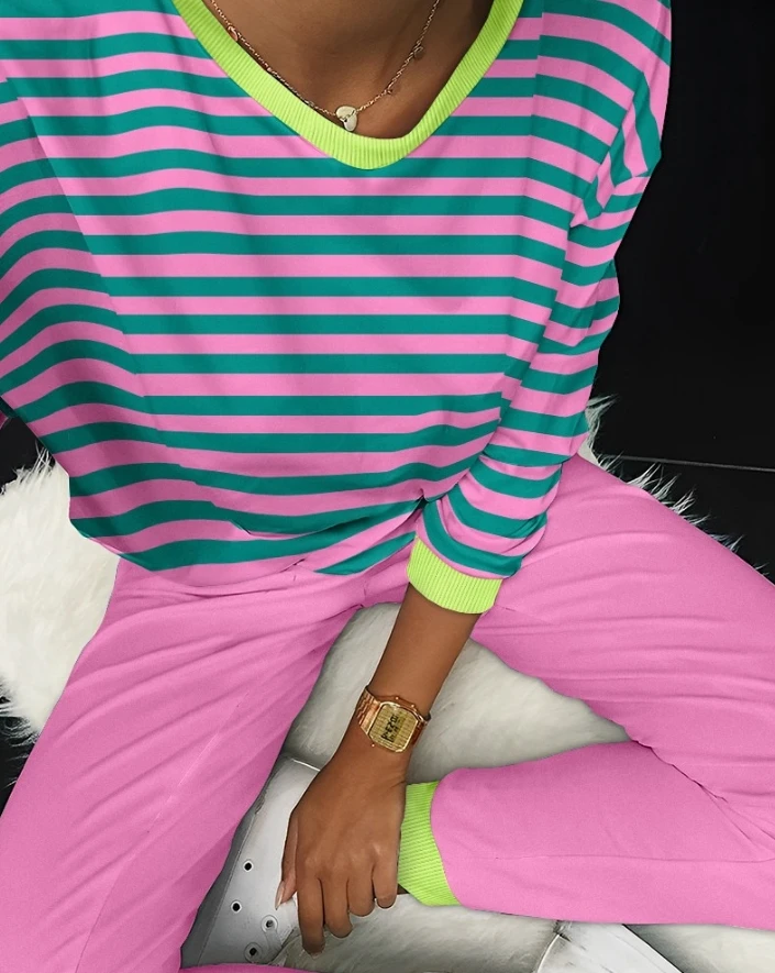 2PCS Women's Clothes Striped Colorblock Round Neck Long Sleeve Pajamas Set Daily Home Autumn New Fashion Women Casual Pants Sets
2PCS Women's Clothes Striped Colorblock Round Neck Long Sleeve Pajamas Set Daily Home Autumn New Fashion Women Casual Pants Sets