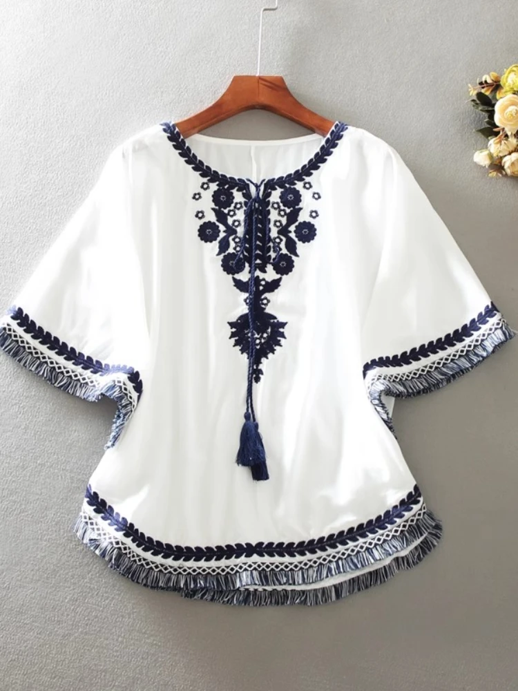 Fashion Vintage Blouses Flower Embroidery Tassel Bandage Shirts O Neck Batwng Sleeve Shawl Casual Loose Design Women's Clothing
Fashion Vintage Blouses Flower Embroidery Tassel Bandage Shirts O Neck Batwng Sleeve Shawl Casual Loose Design Women's Clothing