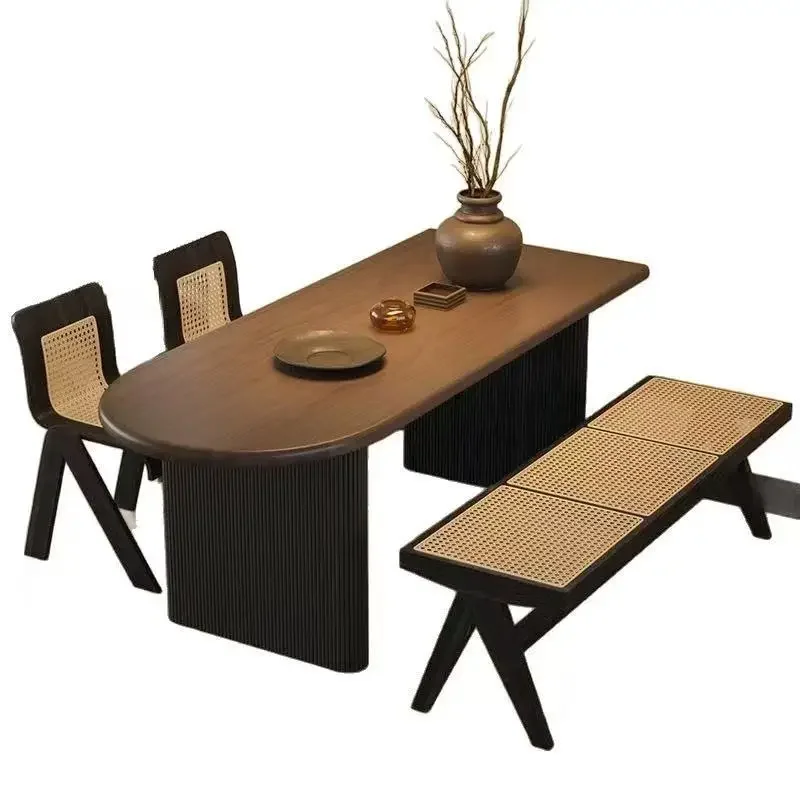 French retro solid wood dining table and chair combination semi-circular arc integrated household small apartment against the 
French retro solid wood dining table and chair combination semi-circular arc integrated household small apartment against the