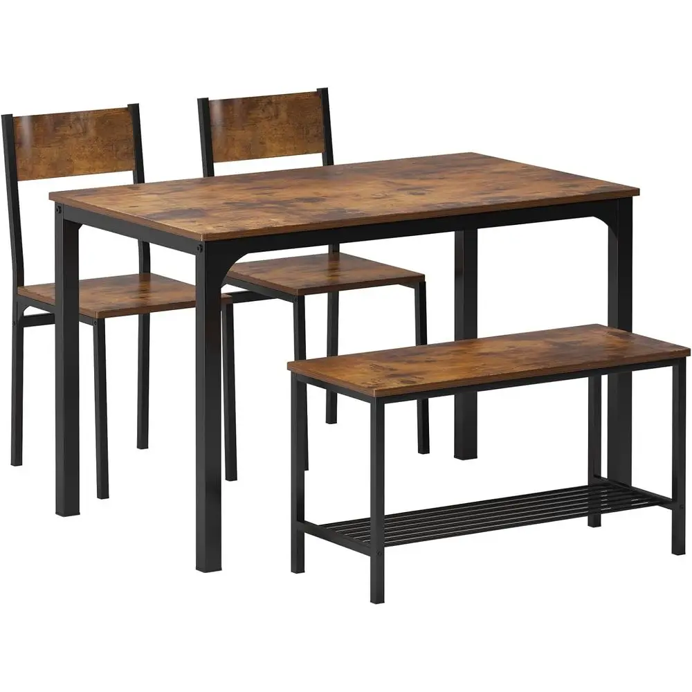 Rustic Brown 4-Piece Dining Set with Table, 2 Chairs & Bench, Storage Rack for Kitchen or Restaurant
Rustic Brown 4-Piece Dining Set with Table, 2 Chairs & Bench, Storage Rack for Kitchen or Restaurant