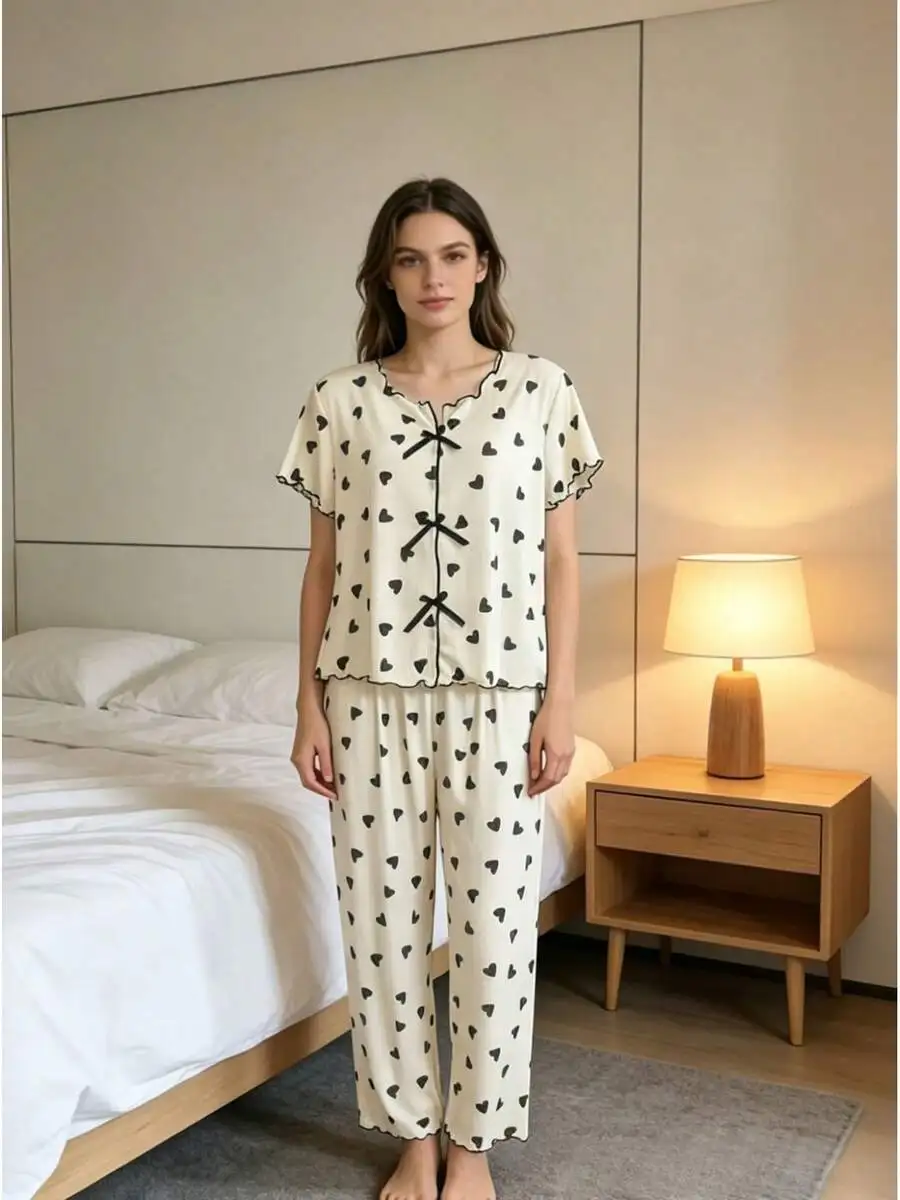 2-Piece Women Heart Print Pajama Set Short Sleeve Top And Long Pants Loungewear Sleepwear
2-Piece Women Heart Print Pajama Set Short Sleeve Top And Long Pants Loungewear Sleepwear