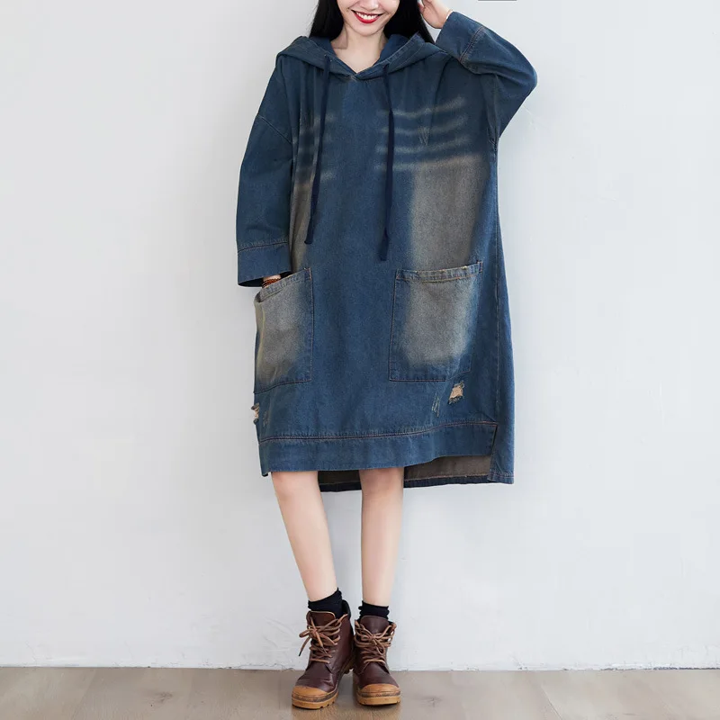 Mid Length Dress Women Denim Dresses Casual Loose Hooded Vestidos Regular Y2k Streetwear Full Sleeve Elegant Splice Work 2025 
Mid Length Dress Women Denim Dresses Casual Loose Hooded Vestidos Regular Y2k Streetwear Full Sleeve Elegant Splice Work 2025