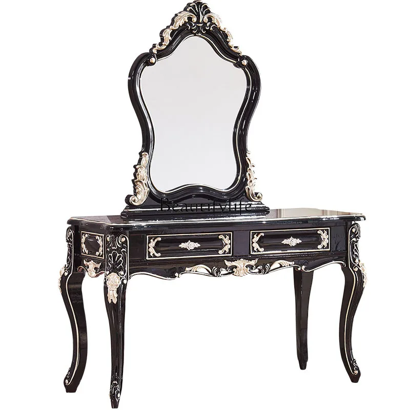 European solid wood dresser, luxury American black dressing table with mirror and stool
European solid wood dresser, luxury American black dressing table with mirror and stool