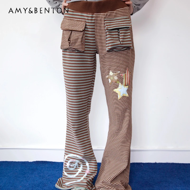Vintage Design Striped Splicing Three-Dimensional Pocket Casual Women's Long Pants Autumn Loose Versatile Bell-bottoms Ladies
Vintage Design Striped Splicing Three-Dimensional Pocket Casual Women's Long Pants Autumn Loose Versatile Bell-bottoms Ladies