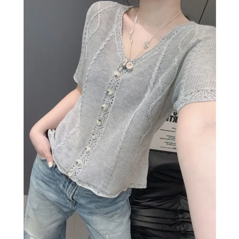 Light Gray Knit V Neck Short Sleeve Open Front Cardigan with Pearl Buttons Crochet Lace Trim Casual Summer Top
Light Gray Knit V Neck Short Sleeve Open Front Cardigan with Pearl Buttons Crochet Lace Trim Casual Summer Top