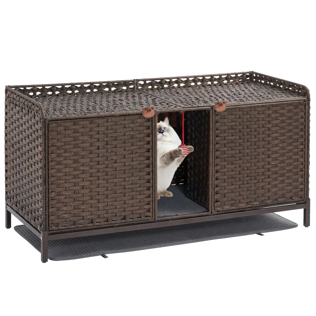 47 inch Handwoven Rattan Cat Litter Box Enclosure Cabinet – Hidden Cat Washroom Furniture with Door, Mat & S-Hooks – Spacious Cat House for Living Room
47 inch Handwoven Rattan Cat Litter Box Enclosure Cabinet – Hidden Cat Washroom Furniture with Door, Mat & S-Hooks – Spacious Cat House for Living Room