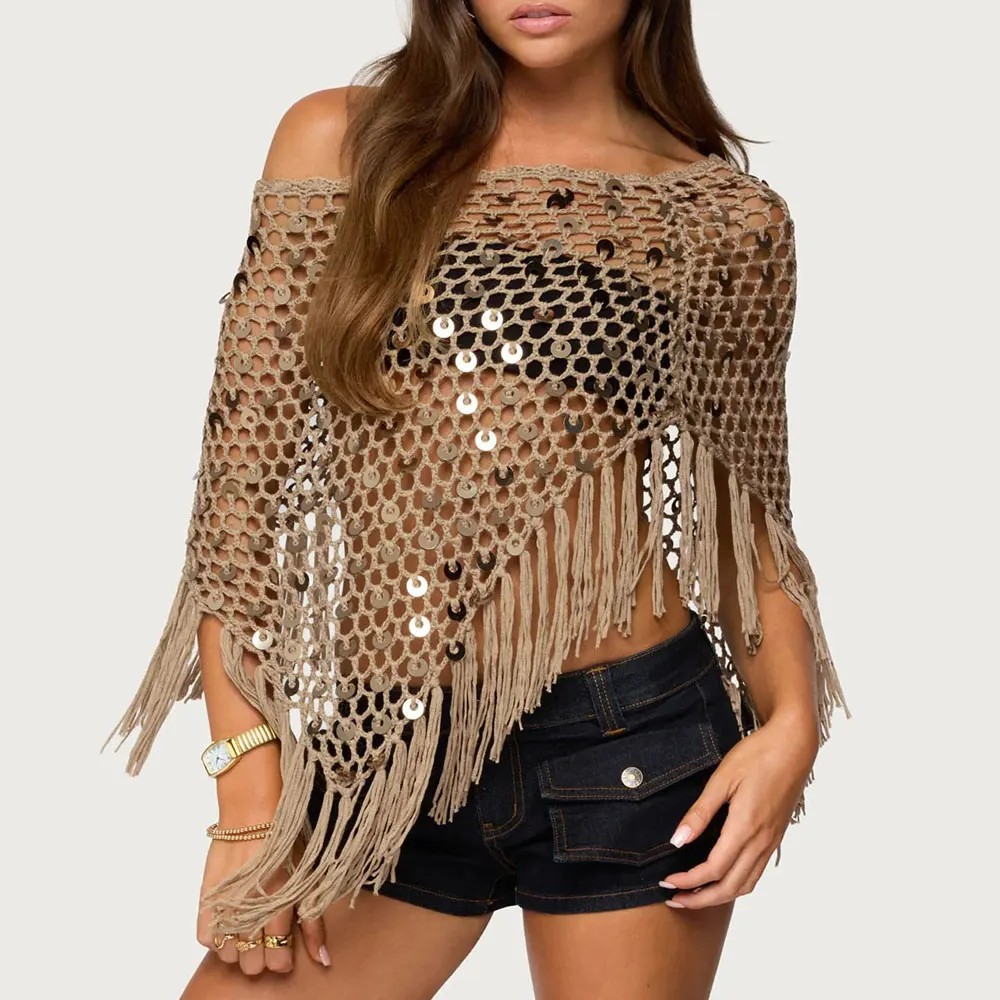 Women's Tassel Knit Ponchos Sparkly Sequin Asymmetrical Shawl Cover Up For Beach Handmade Crochet Shrug Shawl See Through Tops
Women's Tassel Knit Ponchos Sparkly Sequin Asymmetrical Shawl Cover Up For Beach Handmade Crochet Shrug Shawl See Through Tops