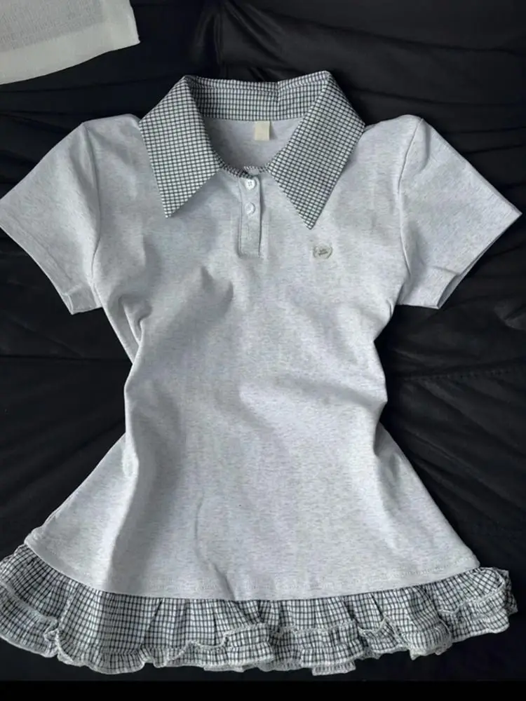 Harajuku Patchwork Faux Two-Piece Tops College Style Elegant Short Sleeve T-Shirt Women Sweet Plaid Slim Fit Ruffle Top Summer
Harajuku Patchwork Faux Two-Piece Tops College Style Elegant Short Sleeve T-Shirt Women Sweet Plaid Slim Fit Ruffle Top Summer