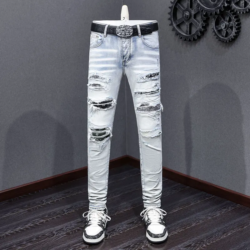 Street Designer Fashion Men Jeans Retro Light Blue Stretch Skinny Fit Patched Ripped Jeans Men Brand Hip Hop Denim Pants Hombre
Street Designer Fashion Men Jeans Retro Light Blue Stretch Skinny Fit Patched Ripped Jeans Men Brand Hip Hop Denim Pants Hombre