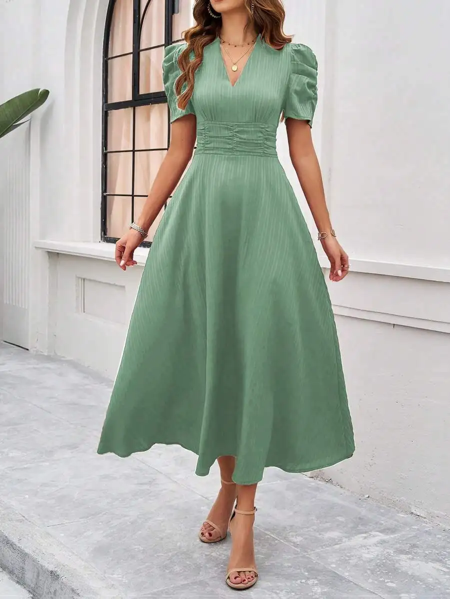 Women Puff Sleeve V Neck Waist Cinched A-Line Maxi Dress
Women Puff Sleeve V Neck Waist Cinched A-Line Maxi Dress