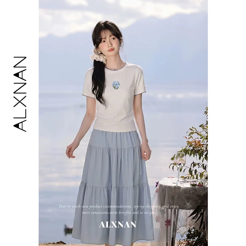 ALXNAN White T-shirt Women Summer Crew Neck Short Sleeve Tees with Floral Embroidery Ruffled Hem Elegant Casual Tops L65991A
ALXNAN White T-shirt Women Summer Crew Neck Short Sleeve Tees with Floral Embroidery Ruffled Hem Elegant Casual Tops L65991A