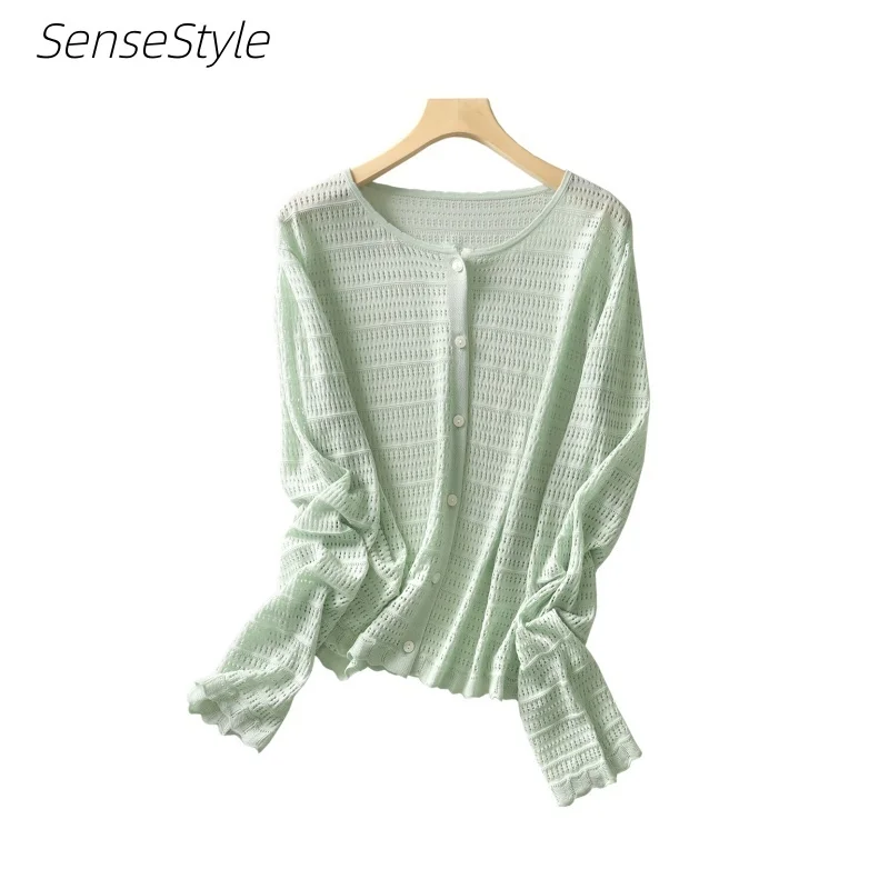 Summer Thin Hollow Out Cardigans Women 100% Lyocell Round Neck Long Sleeve Single Breasted Knitted Tops
Summer Thin Hollow Out Cardigans Women 100% Lyocell Round Neck Long Sleeve Single Breasted Knitted Tops
