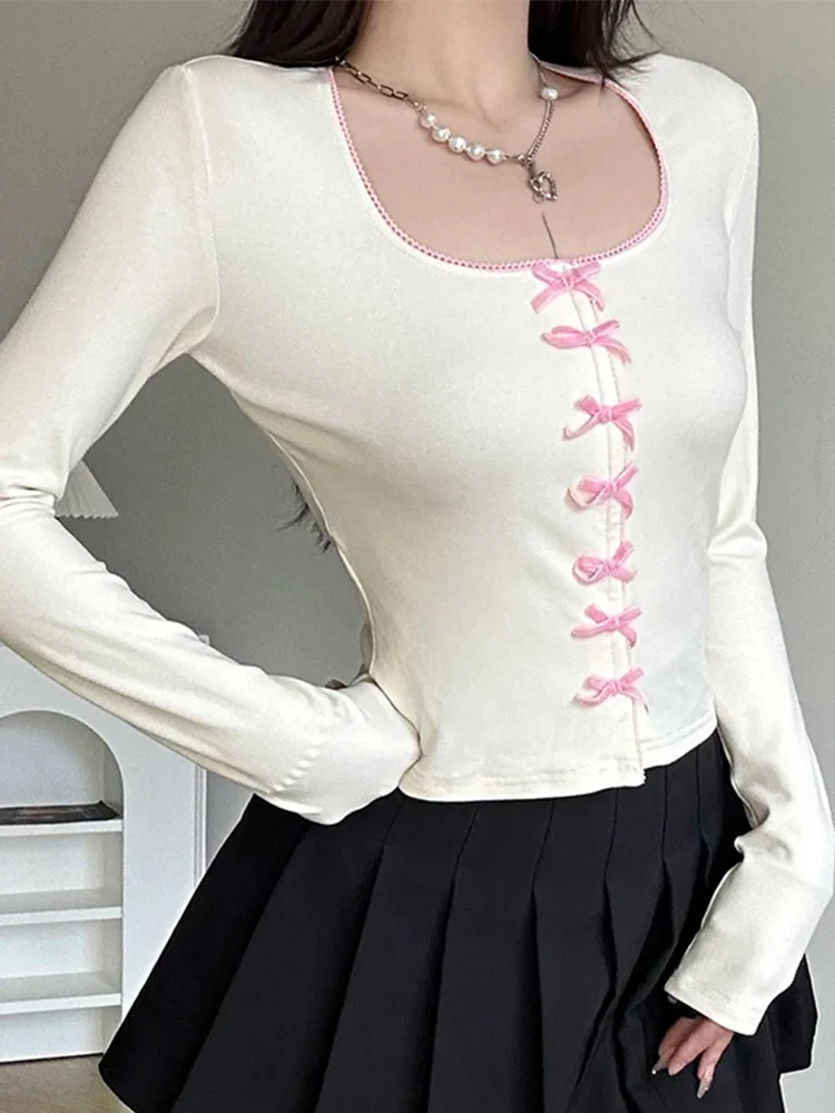 Bow Stitch T-Shirt Women Summer Long Sleeve Crop Top Female Sexy Square Neck Tees Ladies Korean Bodycon Coquette Y2K Clothes
Bow Stitch T-Shirt Women Summer Long Sleeve Crop Top Female Sexy Square Neck Tees Ladies Korean Bodycon Coquette Y2K Clothes