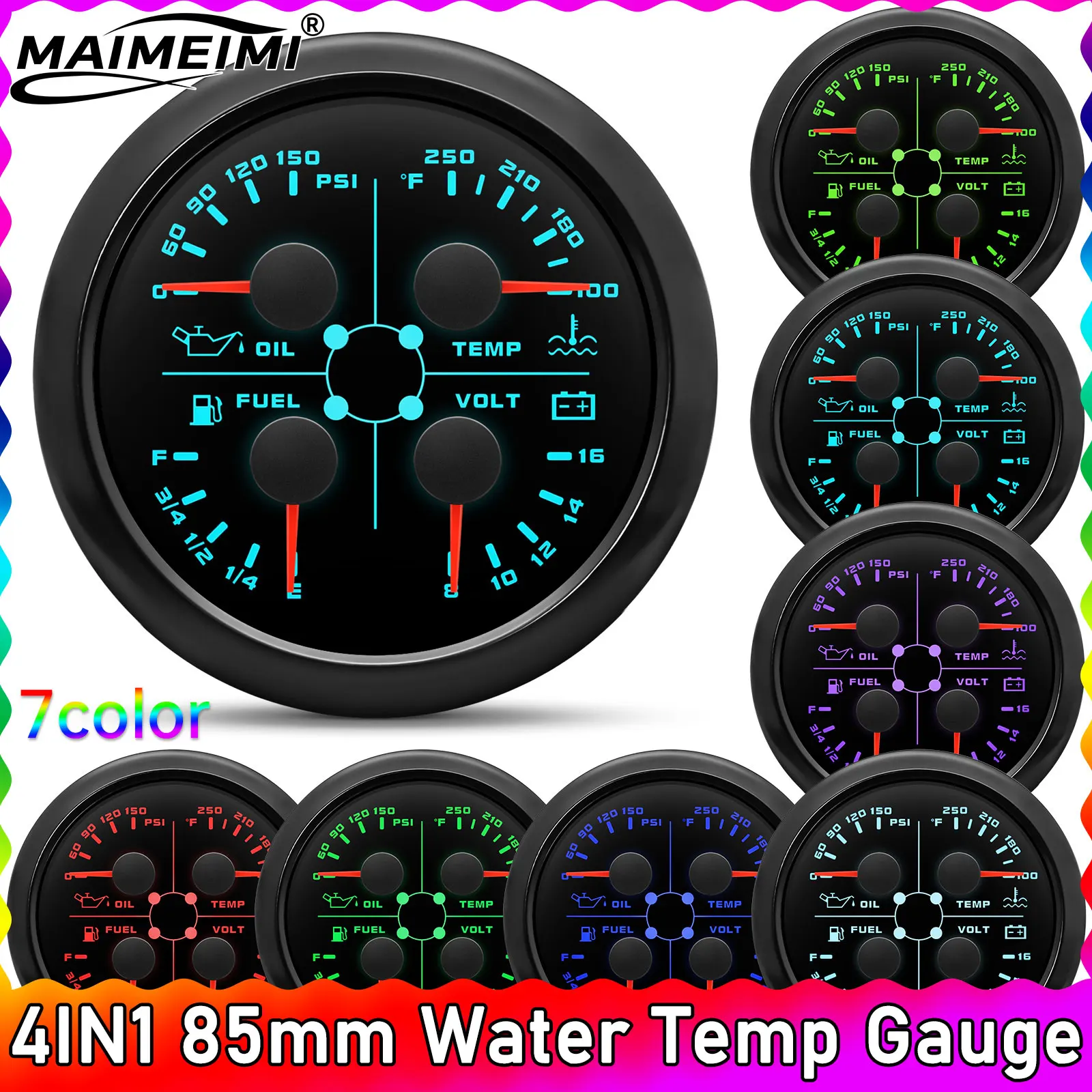 7 Colors 4IN1 85mm Water Temp Gauge with Alarm Gauge Voltmeter Voltage Fuel Level Oil Pressure Meter for Car Boat Marine
7 Colors 4IN1 85mm Water Temp Gauge with Alarm Gauge Voltmeter Voltage Fuel Level Oil Pressure Meter for Car Boat Marine