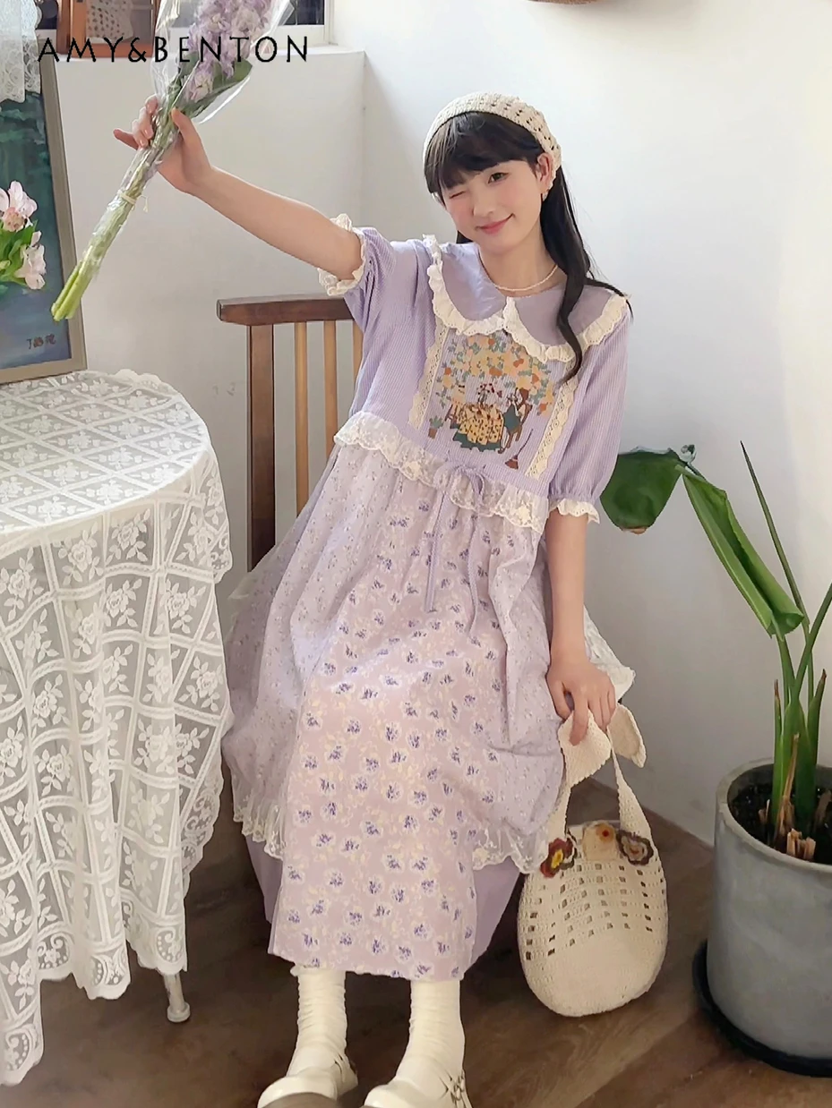 Mori Girl Retro Sweet Doll Collar Embroidered Short Sleeve Dress Summer Sweet Cute Color Matching Floral Dresses Kawaii Dress
Mori Girl Retro Sweet Doll Collar Embroidered Short Sleeve Dress Summer Sweet Cute Color Matching Floral Dresses Kawaii Dress