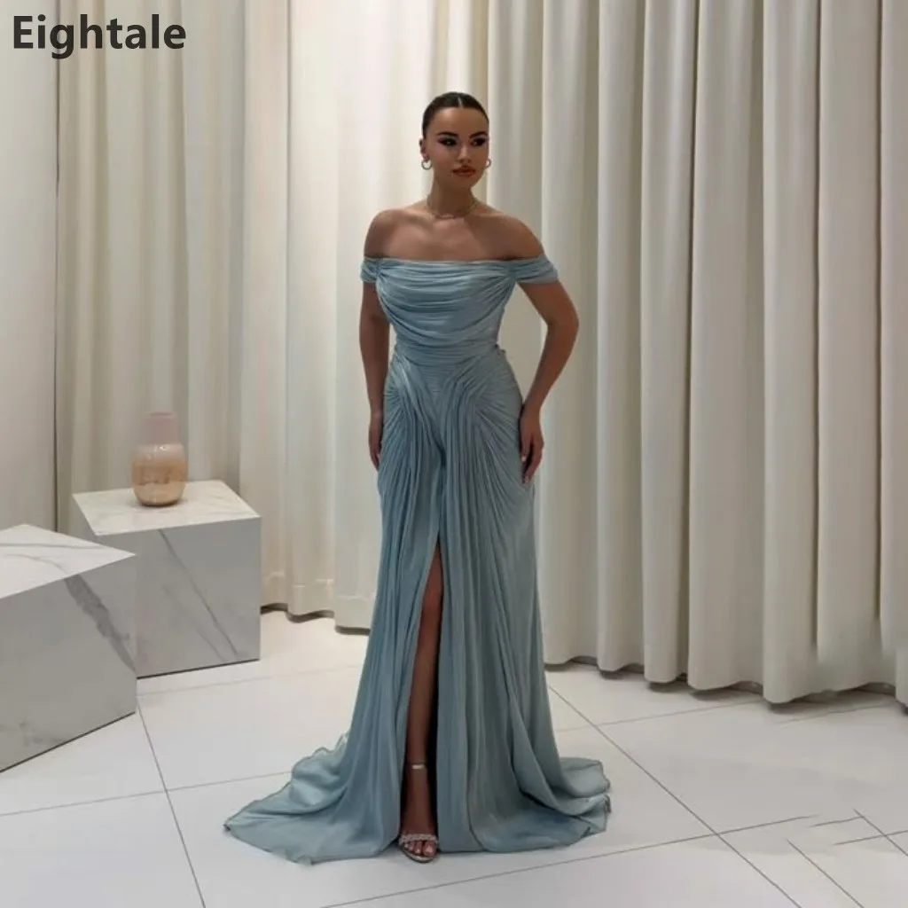 Eightale 2026 Dusty Blue Off Shoulder Evening Gown Pleated Chiffon High Slit Dubai Wedding Party Formal Prom Dress Customized
Eightale 2026 Dusty Blue Off Shoulder Evening Gown Pleated Chiffon High Slit Dubai Wedding Party Formal Prom Dress Customized