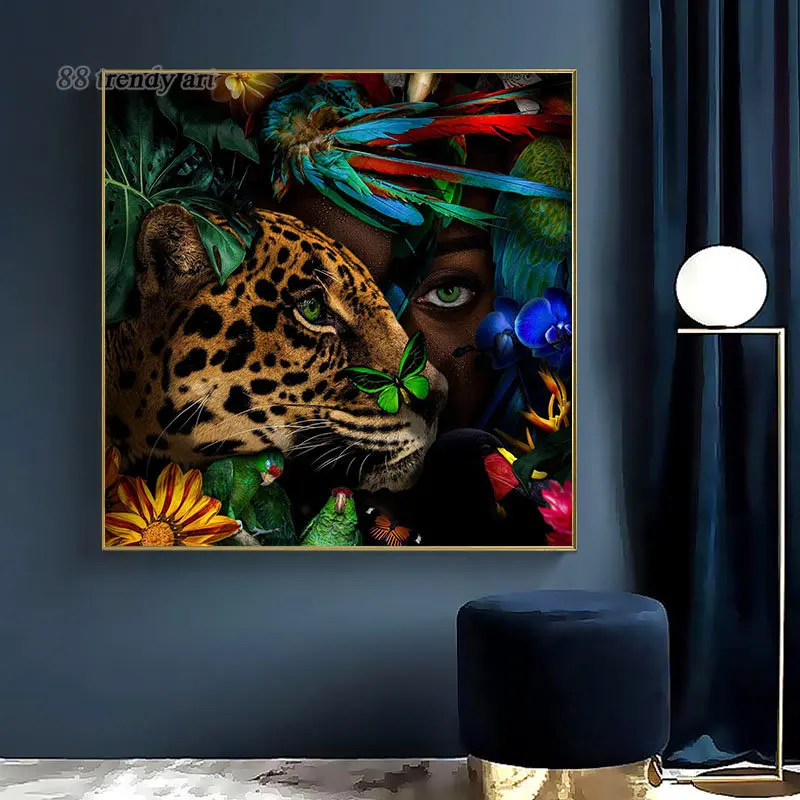 African Black Girl Behind Leopard Parrot Bird Bush Posters Wall Art Canvas Painting Human and Nature Picture Interior Home Decor 
African Black Girl Behind Leopard Parrot Bird Bush Posters Wall Art Canvas Painting Human and Nature Picture Interior Home Decor