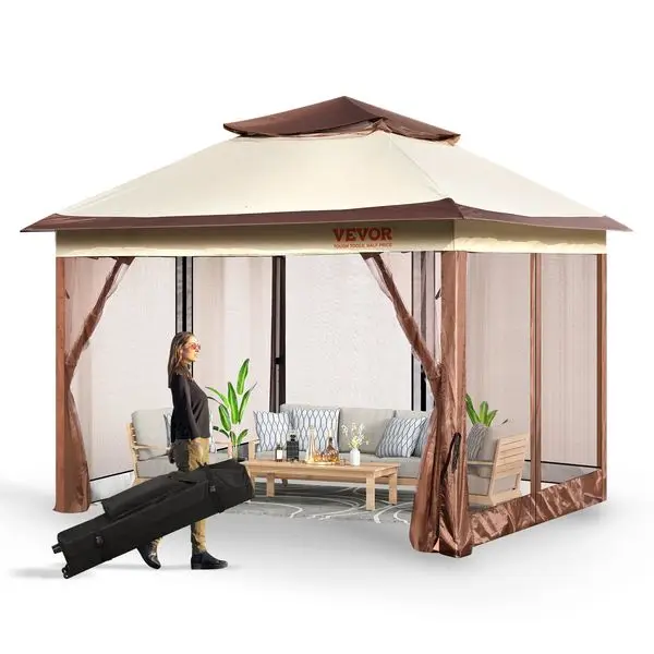 VEVOR Patio Gazebo, 11 x 11 FT Pop up Gazebo for 8-10 Person, with Mosquito Netting, Metal Frame, and PU Coated 250D Oxford Clot 
VEVOR Patio Gazebo, 11 x 11 FT Pop up Gazebo for 8-10 Person, with Mosquito Netting, Metal Frame, and PU Coated 250D Oxford Clot