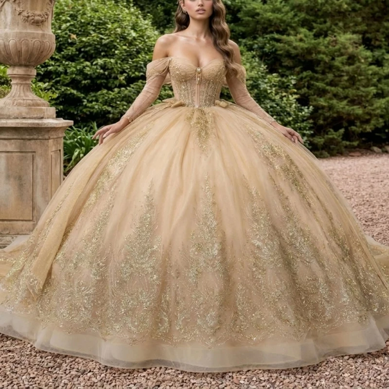 Champagne Shiny Ball Gown Quinceanera Dresses Applique Lace Bow Beading Crystal Bow Tiered Tull Corset Off The Shoulder Sweet 16
Champagne Shiny Ball Gown Quinceanera Dresses Applique Lace Bow Beading Crystal Bow Tiered Tull Corset Off The Shoulder Sweet 16