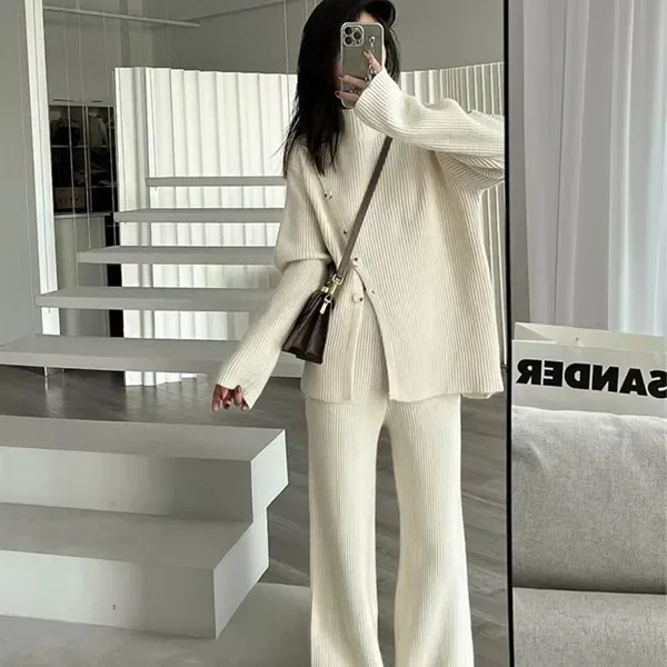Autumn Winter Women Knitted Sweaters Suit Loose Half High Collar Long Sleeve Irregular Hem Split Pullovers Pants Knit Set Lady
Autumn Winter Women Knitted Sweaters Suit Loose Half High Collar Long Sleeve Irregular Hem Split Pullovers Pants Knit Set Lady
