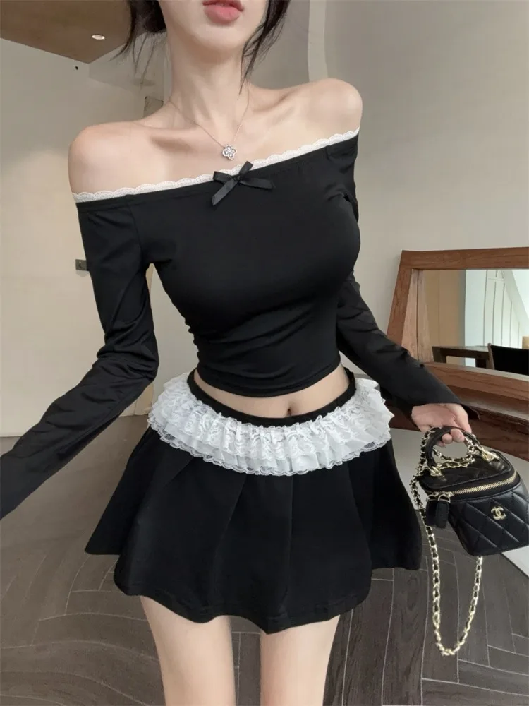 Sweet Knot One Shoulder T-Shirt Top High Waist Pleated Short Skirt Set Korean Style Long Sleeve Lace Spring Outfit
Sweet Knot One Shoulder T-Shirt Top High Waist Pleated Short Skirt Set Korean Style Long Sleeve Lace Spring Outfit