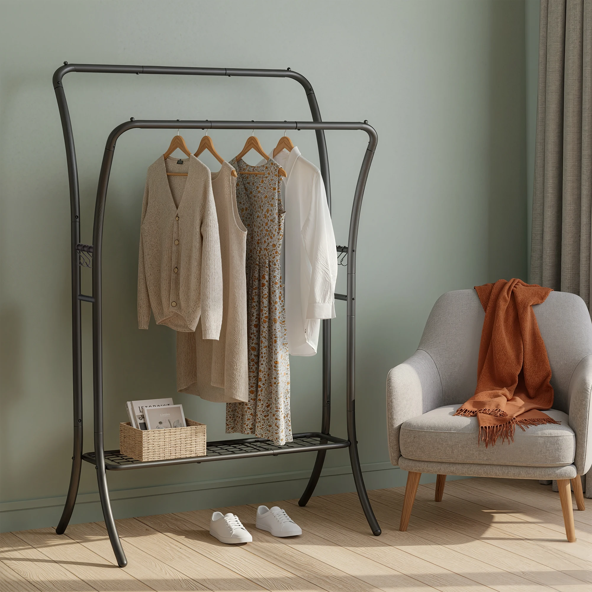 SONGMICS Clothes Rack, Clothing Rack with Shelves, Garment Racks Heavy Duty, Double Rod Clothes Rack with 6 Hooks, Clothes Stora
SONGMICS Clothes Rack, Clothing Rack with Shelves, Garment Racks Heavy Duty, Double Rod Clothes Rack with 6 Hooks, Clothes Stora